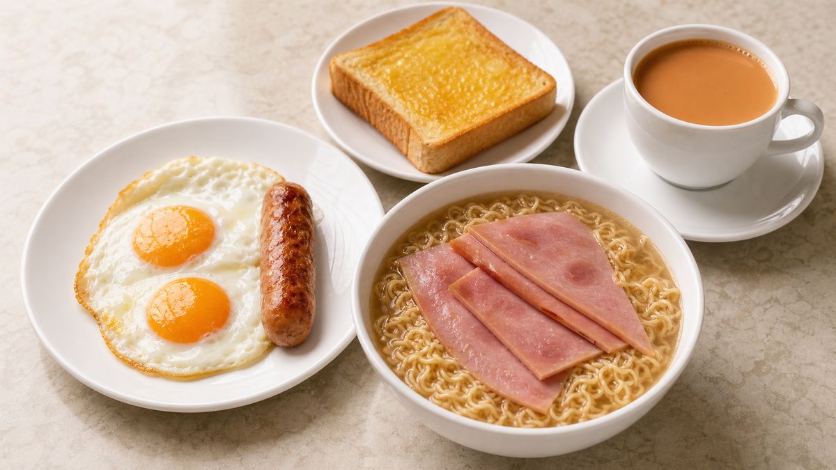 B3 火腿公仔麵+腸仔煎雙蛋+牛油多士