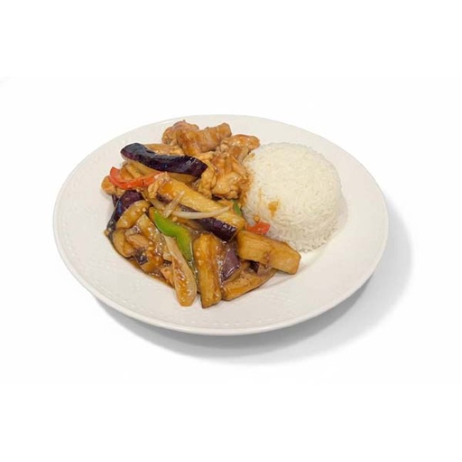 112 紅燒茄子雞球飯