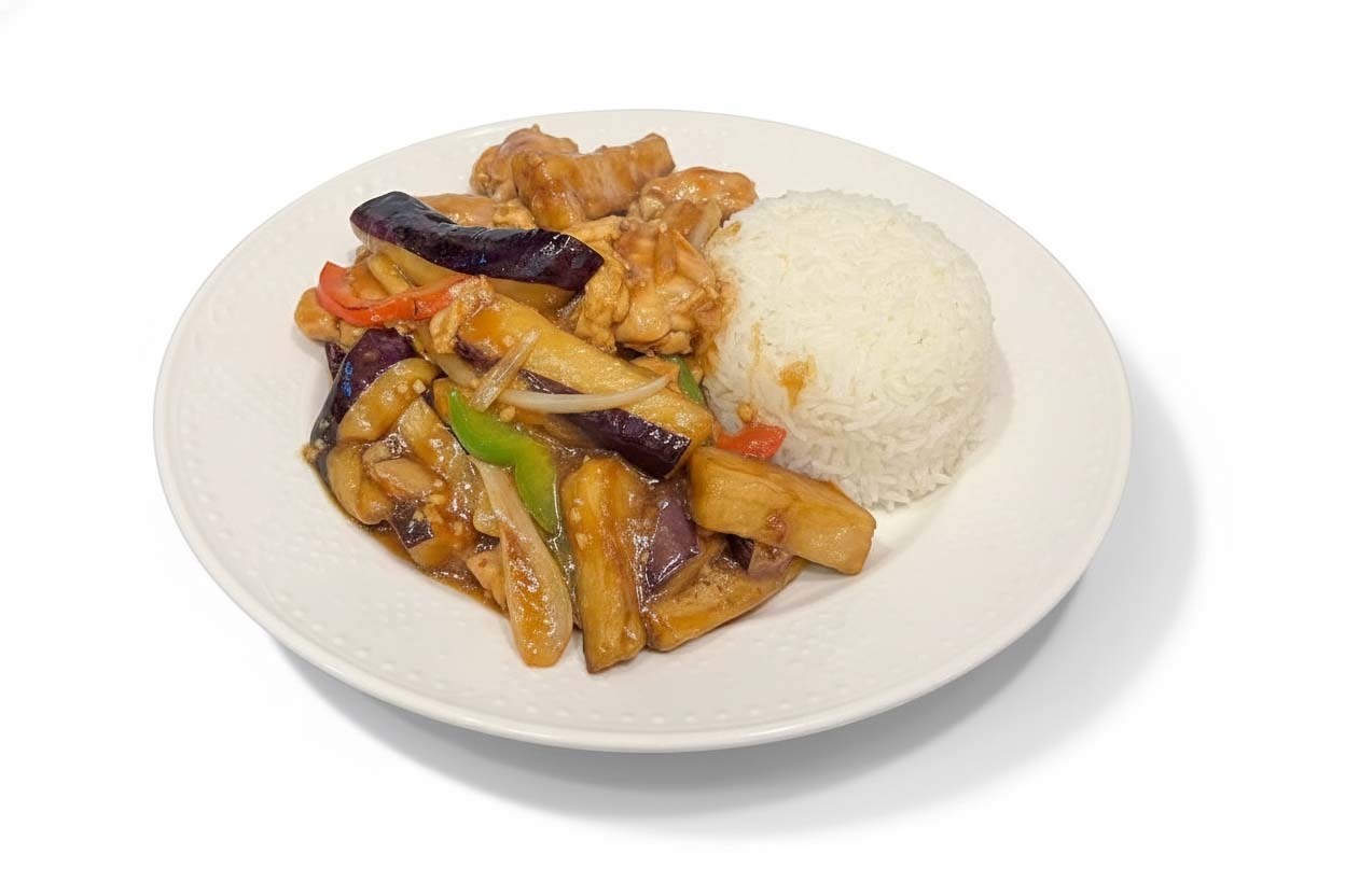 112 紅燒茄子雞球飯